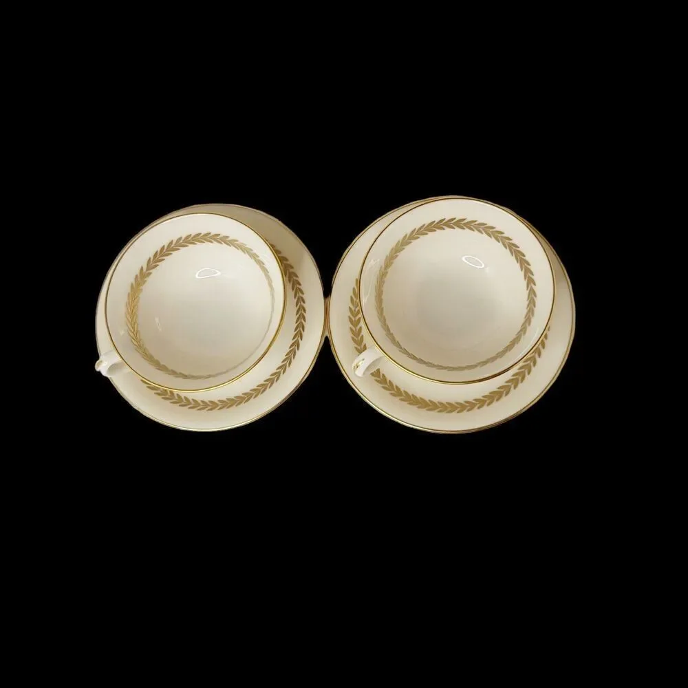 Vtg Set of 2 LENOX Imperial Ivory China Gold Laurel Trim Tea Cup Saucer‎ Green